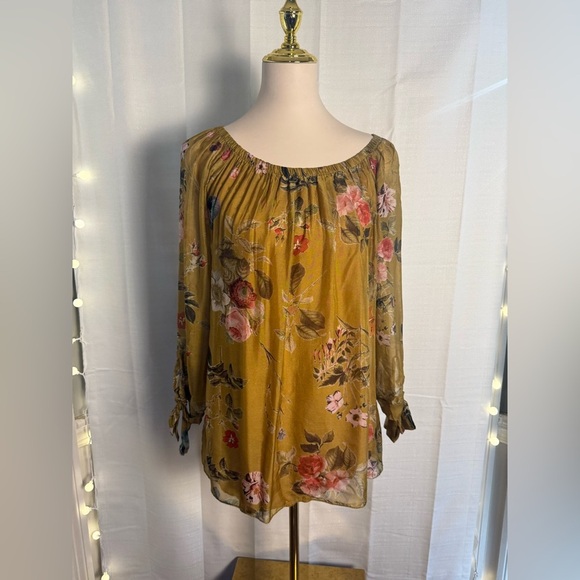Belle France Yellow and Pink Ruched 3/4 Sleeve Blouse - Picture 7 of 7